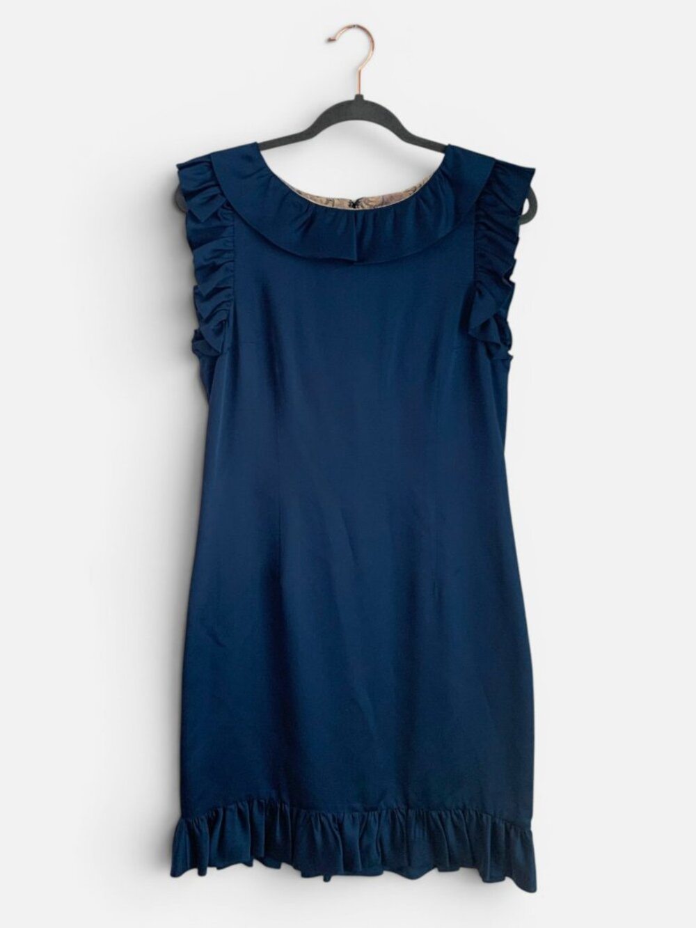 Anthropologie Ruffian Silk Ruffle Dress Navy Blue Shift Dress Size 8